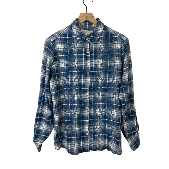 Johnny Was Embroidered Blue Plaid Button Down Blouse - Picture 1 of 5